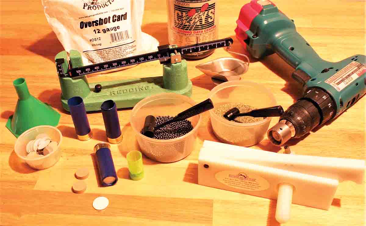 The roll-crimped ammunition was handmade except for the crimping tool run by the electric drill. Above the loaded round are freshly-trimmed and fired cases.
